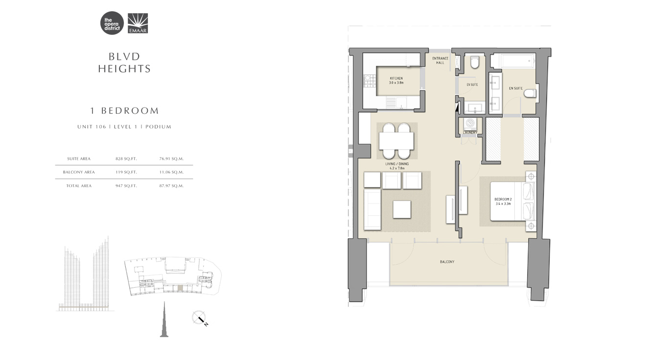 1 Bedroom Unit 106, Size 947 sq ft