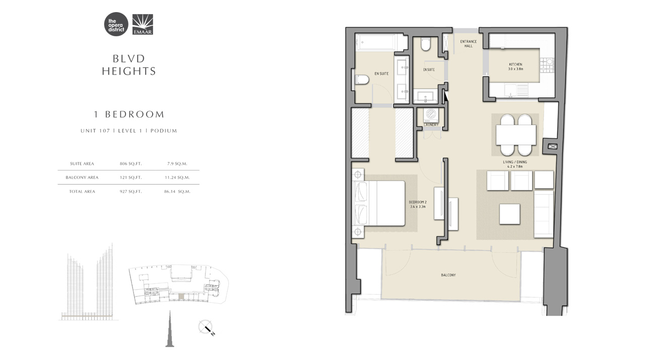1 Bedroom Unit 107, Size 927 sq ft