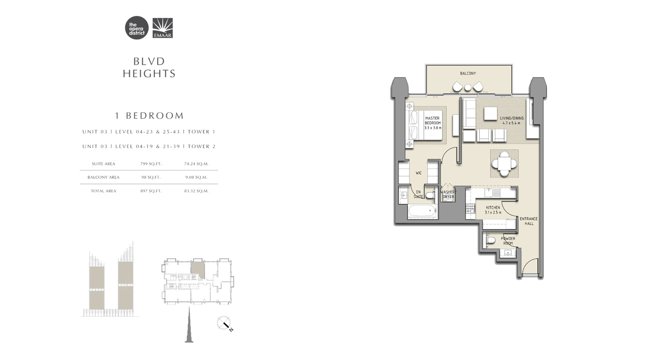 1 Bedroom Unit 03 Tower 1, Unit 03 Tower 2, Size 897 sq ft
