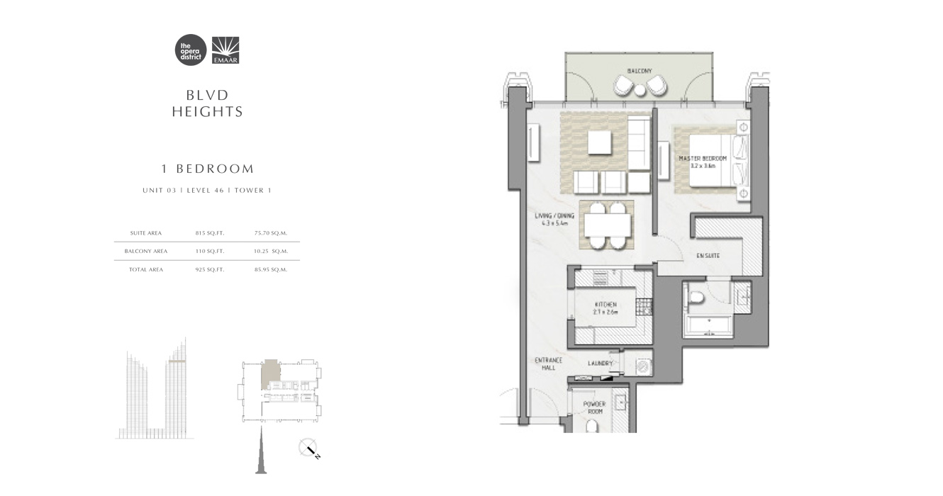 1 Bedroom Unit 03, Tower 1, Size 925 sq ft