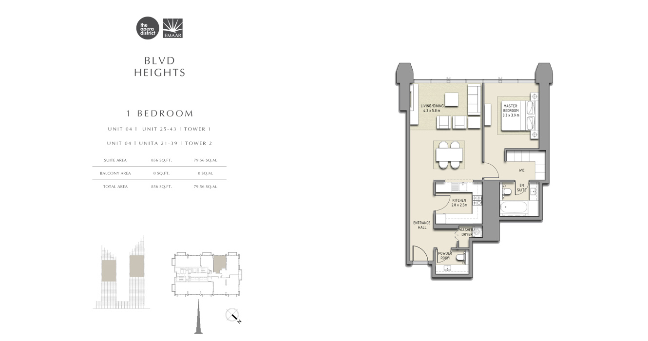 1 Bedroom Unitm04, Tower 1, Tower 2, Size 856 sq ft