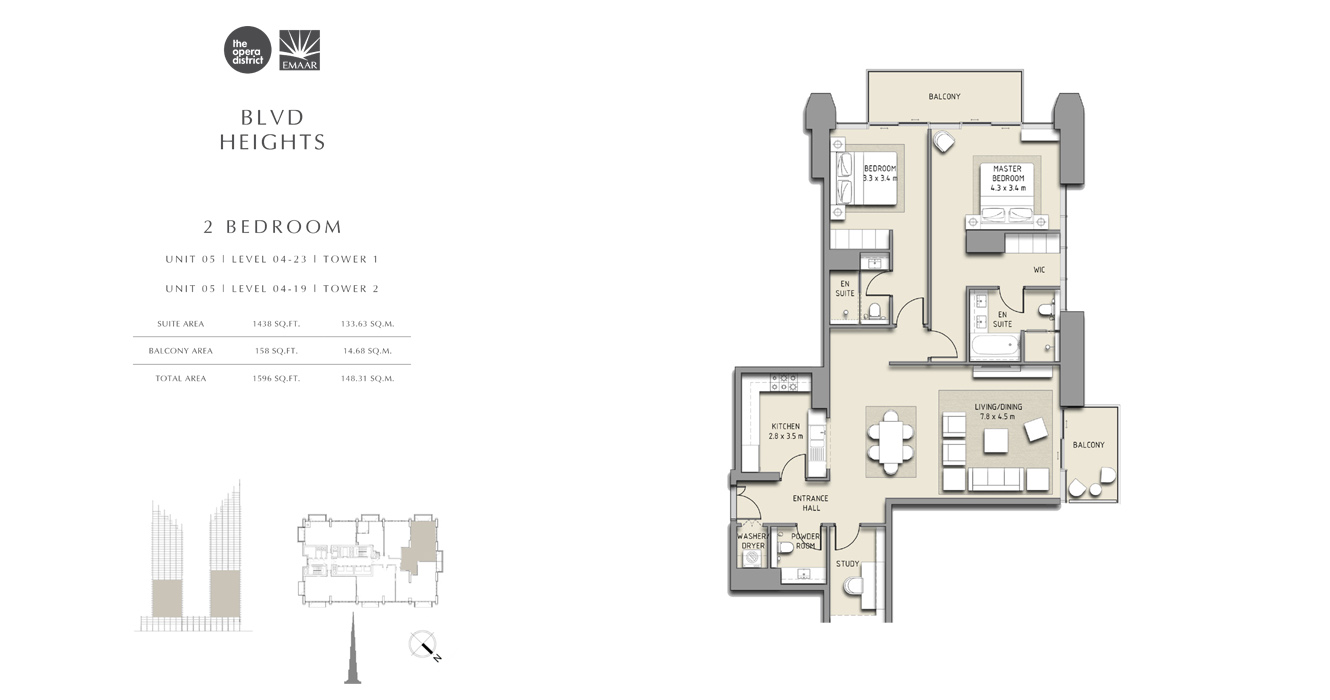 2 Bedroom Unit 01 Unit 05, Tower 1, Tower 2, Size 1596 sq ft