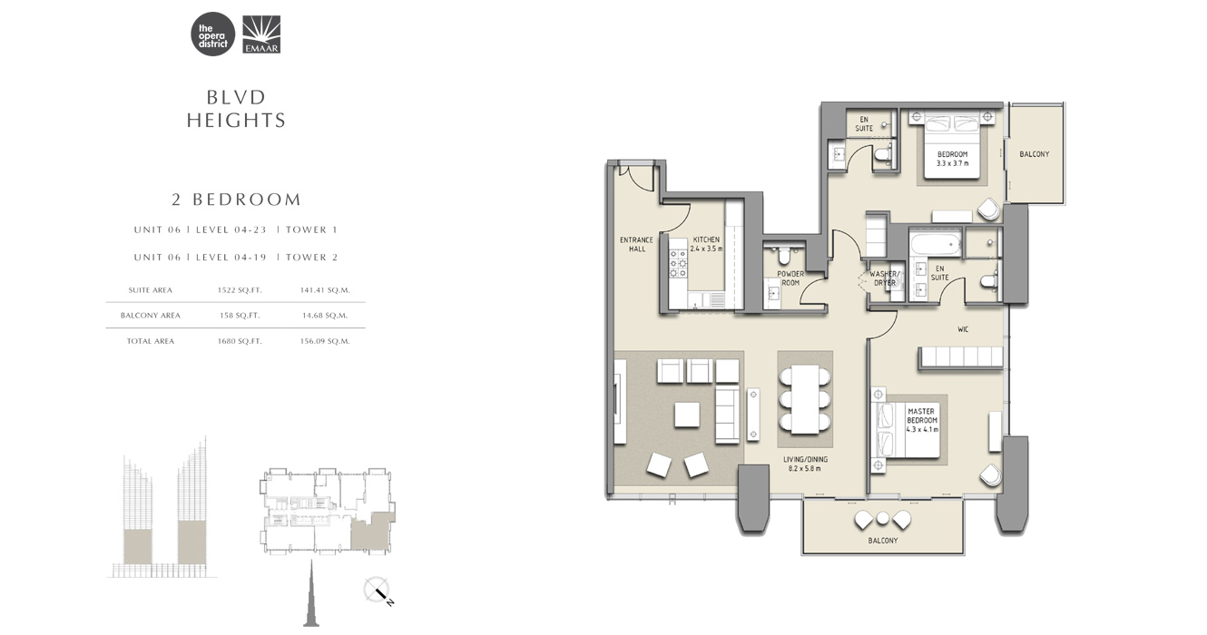 2 Bedroom Unit 06, Tower 1, Tower 2, Size 1680 sq ft