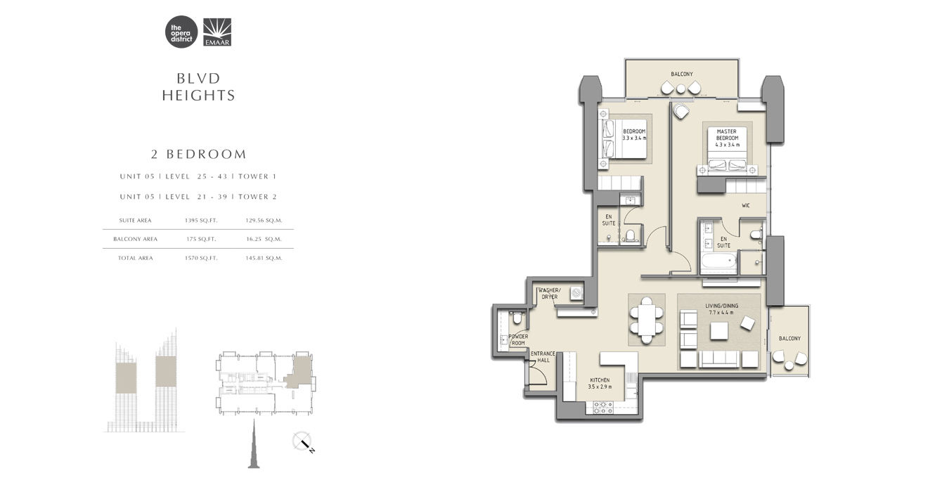 2 Bedroom Unit 05, Tower 1, Tower 2, Size 1570 sq ft