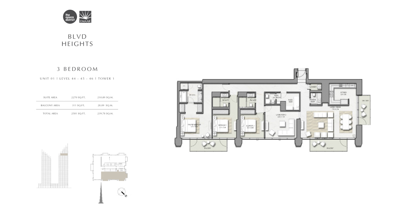 3 Bedroom Unit 01, Tower 1, Size 2581 sq ft