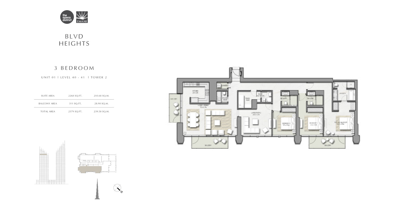 3 Bedroom Unit 01, Tower 2, Size 2579 sq ft