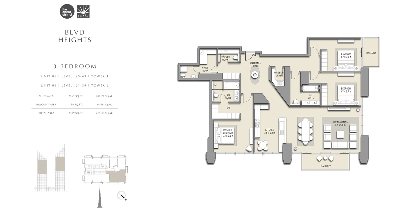 3 Bedroom Unit 06, Tower 1, Tower 2, Size 2319 sq ft