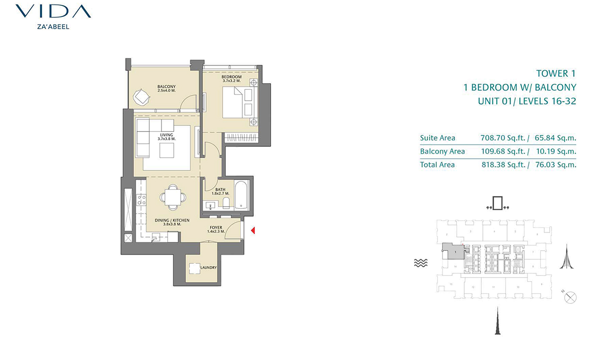 1 Bedroom Balcony Unit 01 Level 16-32 Size 818.38 Sq.ft