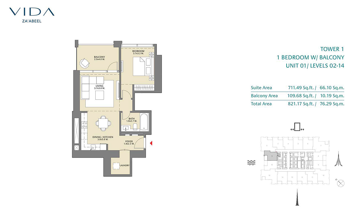 1 Bedroom Balcony Unit 01 Level 2-14 Size 821.17 sq.ft