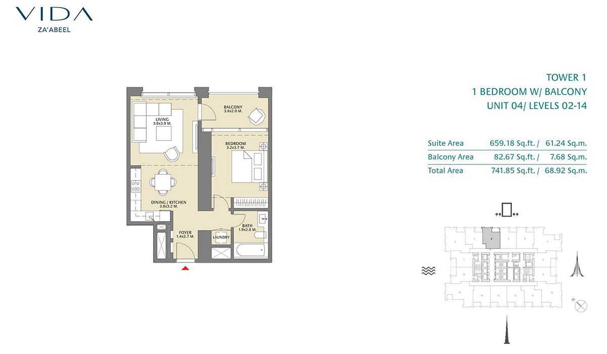 1 Bedroom Balcony Unit 04 Level 2-14 Size 741.85 Sq.ft