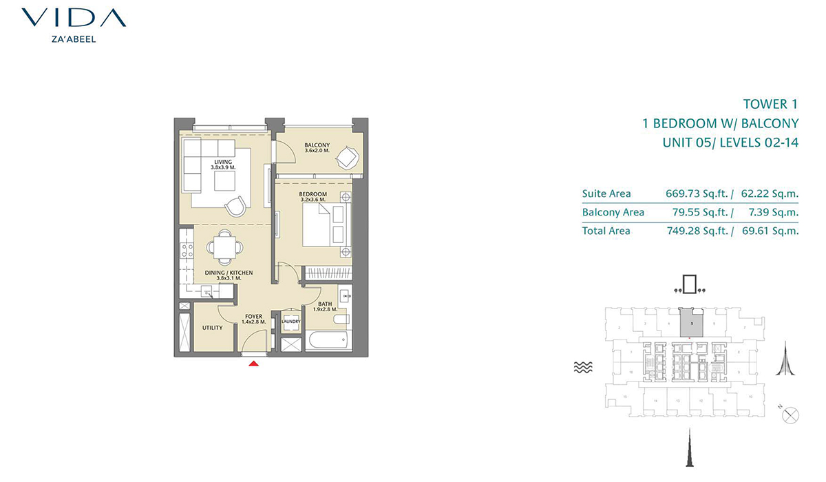 1 Bedroom Balcony Unit 05 Level 2-14 Size 749.28 sq.ft