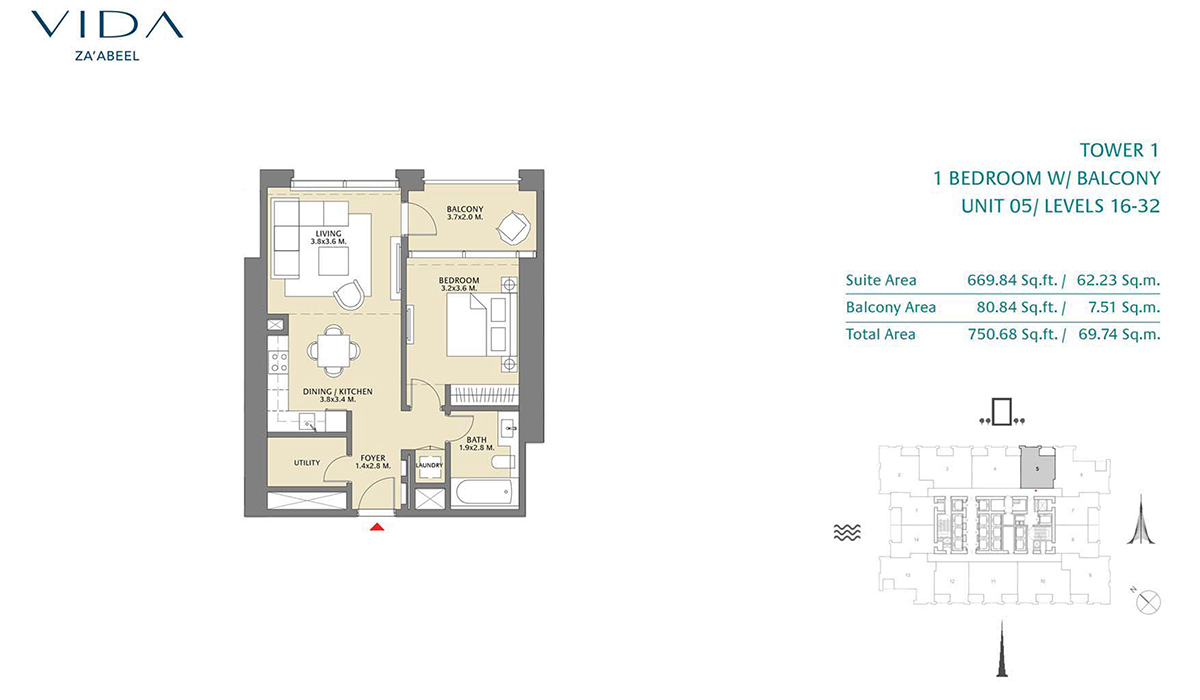 1 Bedroom Balcony Unit 05 Level 16-32 Size 750.68 sq.ft