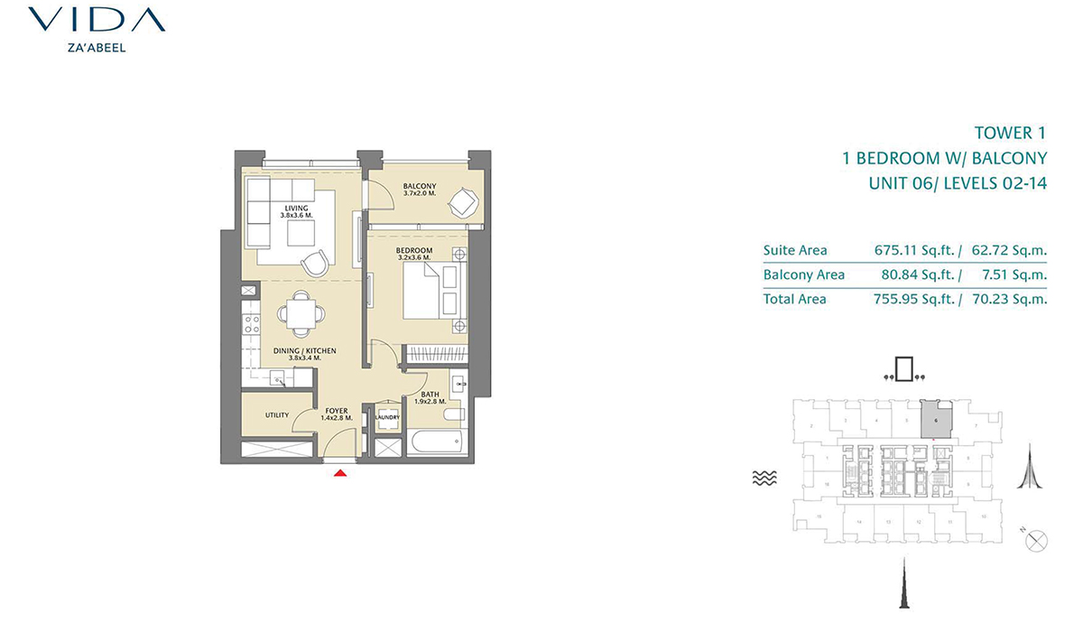 1 Bedroom Balcony Unit 06 Level 2-14 Size 755.95 sq.ft