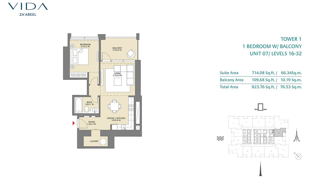 1 Bedroom Balcony Unit 07 Level 16-32 Size 823.76 sq.ft
