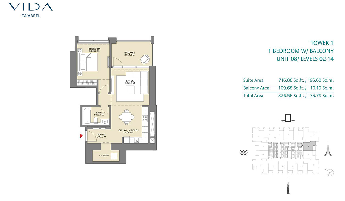 1 Bedroom Balcony Unit 08 Level 2-14 Size 826.56 sq.ft