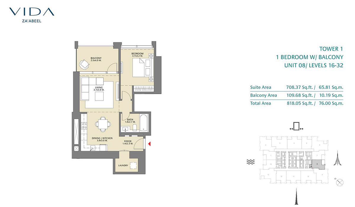 1 Bedroom Balcony Unit 08 Level 16-32 Size 818.05 sq.ft