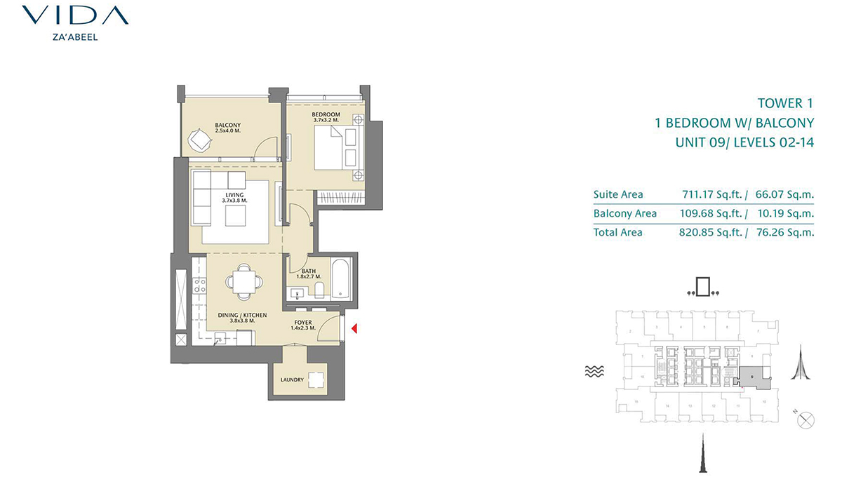 1 Bedroom Balcony Unit 09 Level 2-14 Size 820.85 Sq.ft