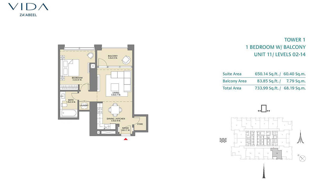 1 Bedroom Balcony Unit 11 Level 2-14 Size 733.99 sq.ft