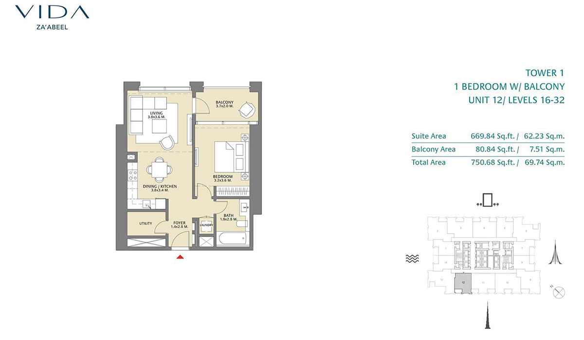 1 Bedroom Balcony Unit 12 Level 16-32 Size 750.68 sq.ft