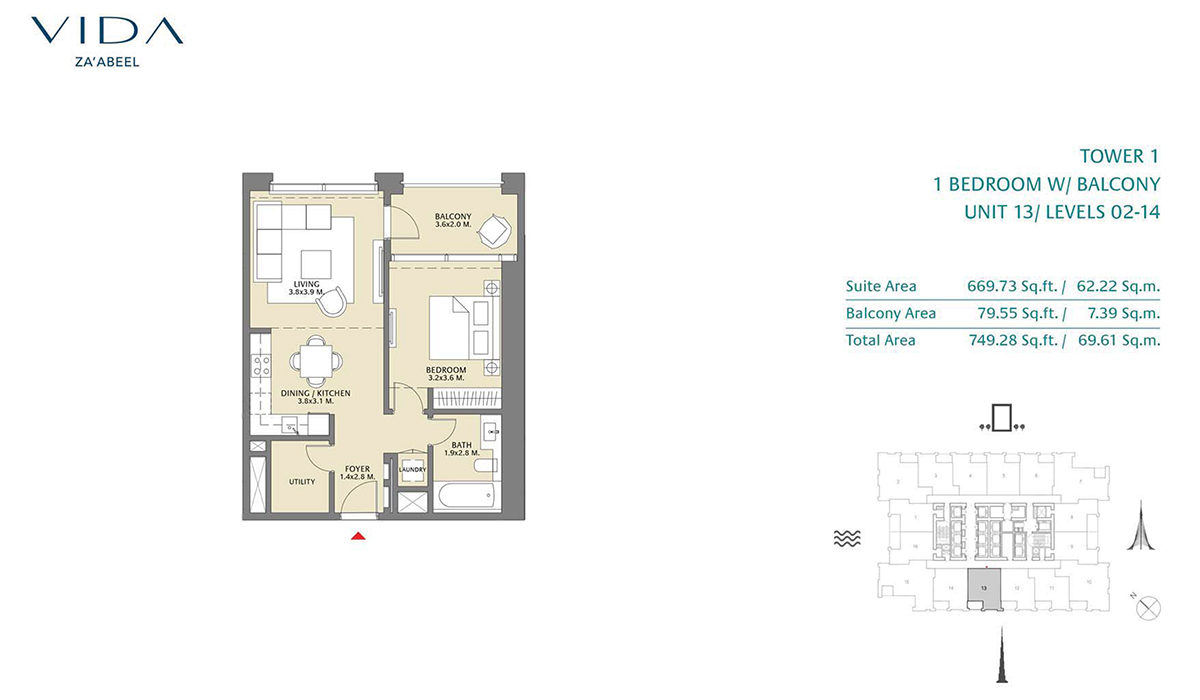 1 Bedroom Balcony Unit 13 Level 2-14 Size 749.28 sq.ft