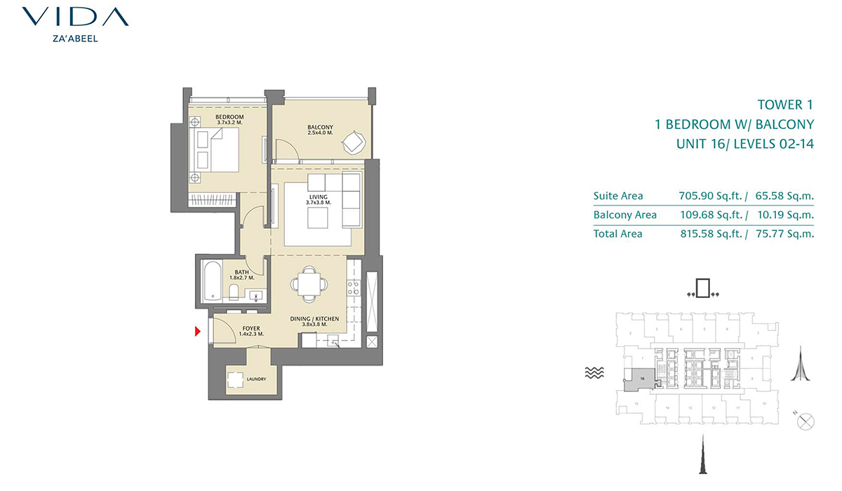 1 Bedroom Balcony Unit 15 Level 2-14 Size 815.58 sq.ft