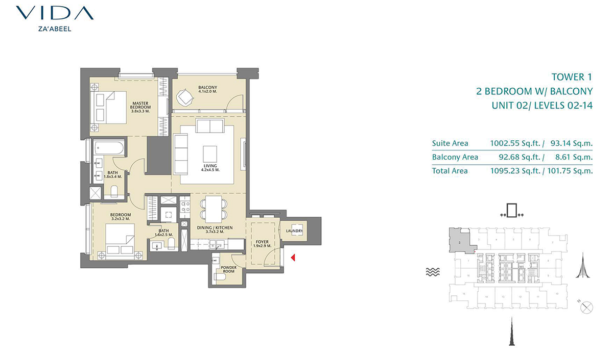 2 Bedroom Balcony Unit 02 Level 2-14 Size 1095.23 sq.ft
