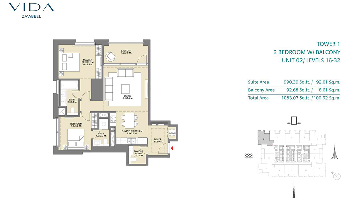 2 Bedroom Balcony Unit 02 Level 16-32 Size 1083.07 sq.ft