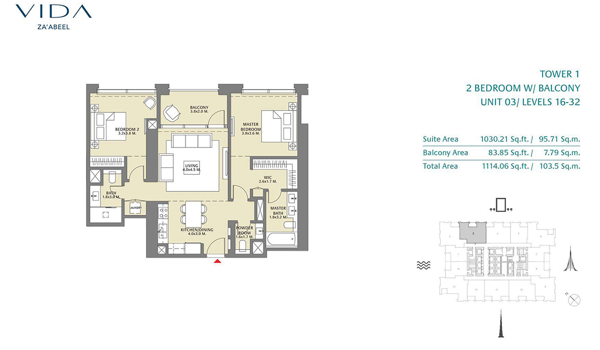2 Bedroom Balcony Unit 03 Level 16-32 Size 1114.06 sq.ft