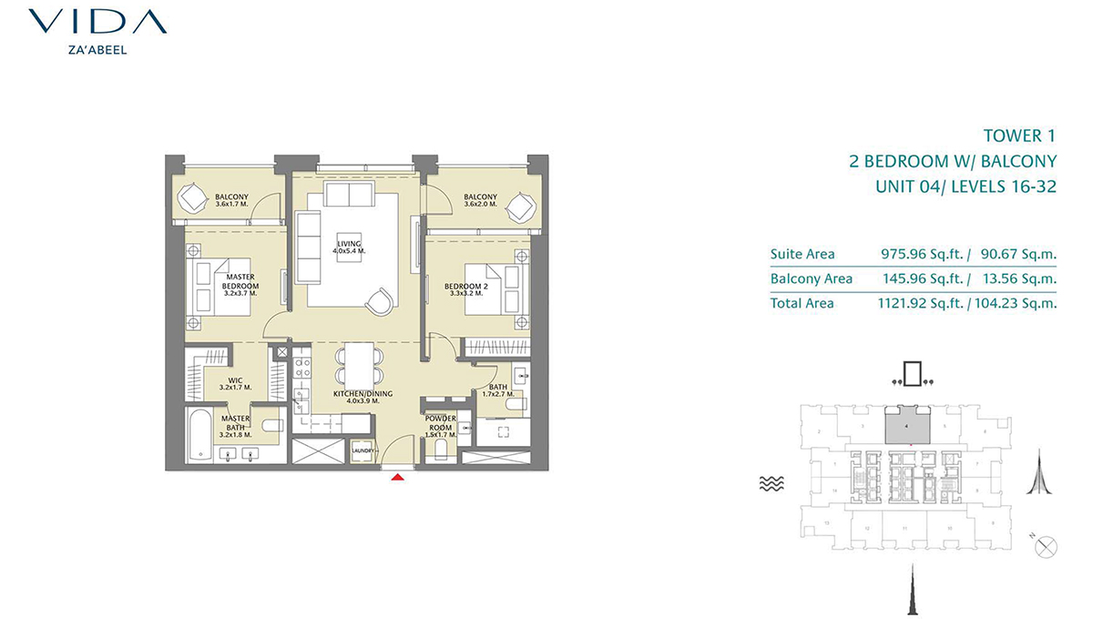 2 Bedroom Balcony Unit 04 Level 16-32 Size 1121.92 sq.ft