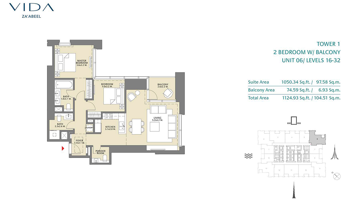 2 Bedroom Balcony Unit 06 Level 16-32 Size 1124.93 sq.ft