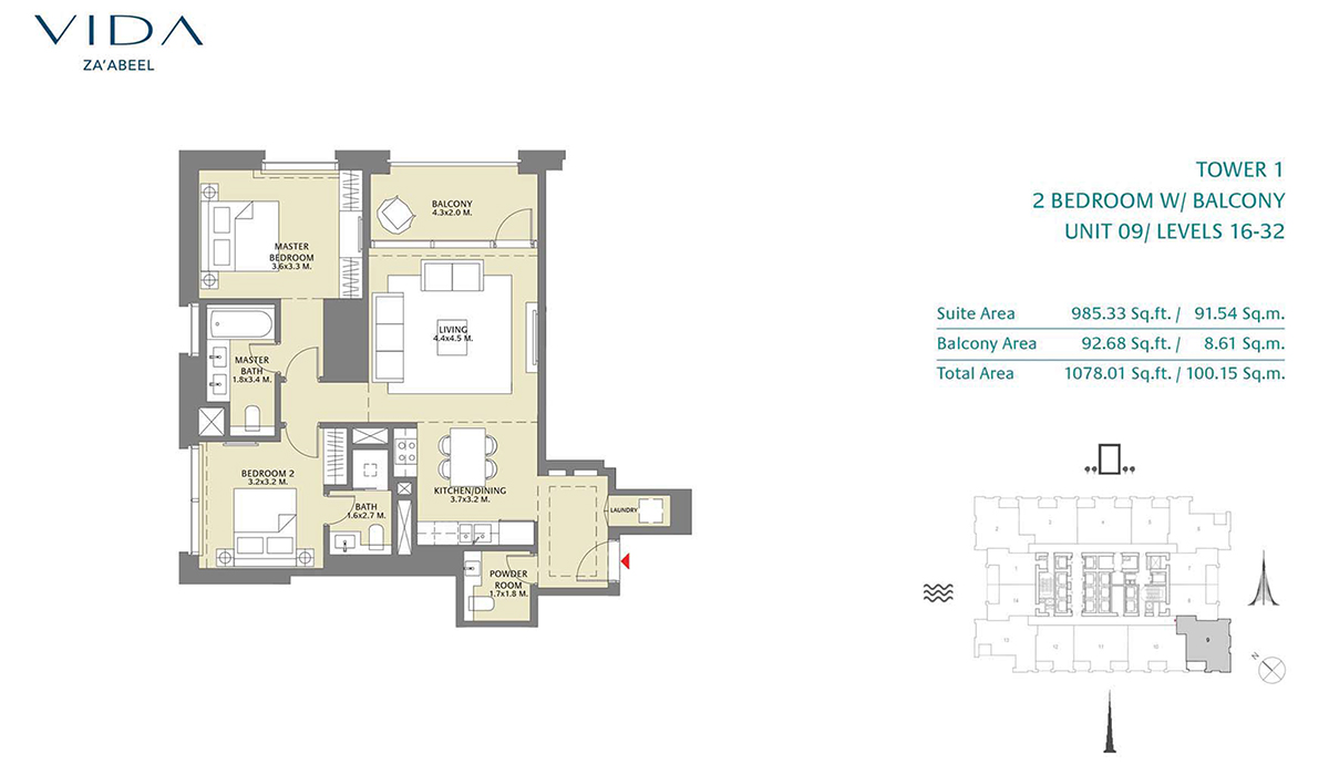 2 Bedroom Balcony Unit 09 Level 16-32 Size 1078.01 sq.ft