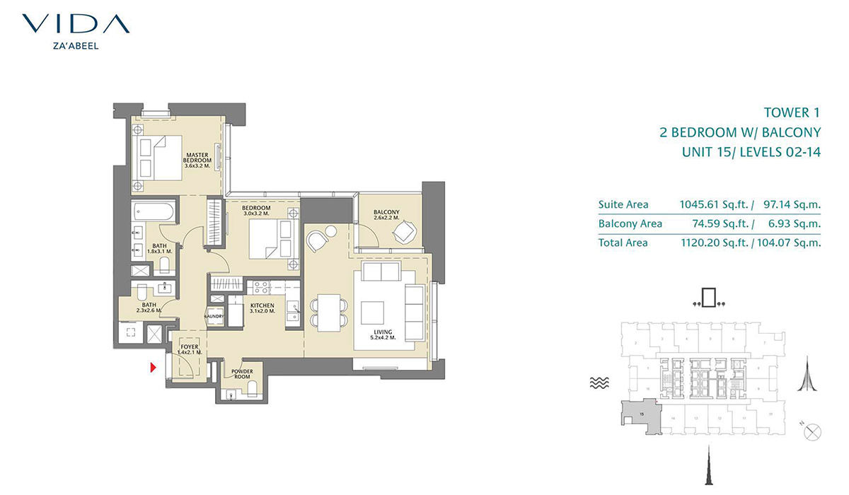 2 Bedroom Balcony Unit 15 Level 2-14 Size 1120.20 sq.ft