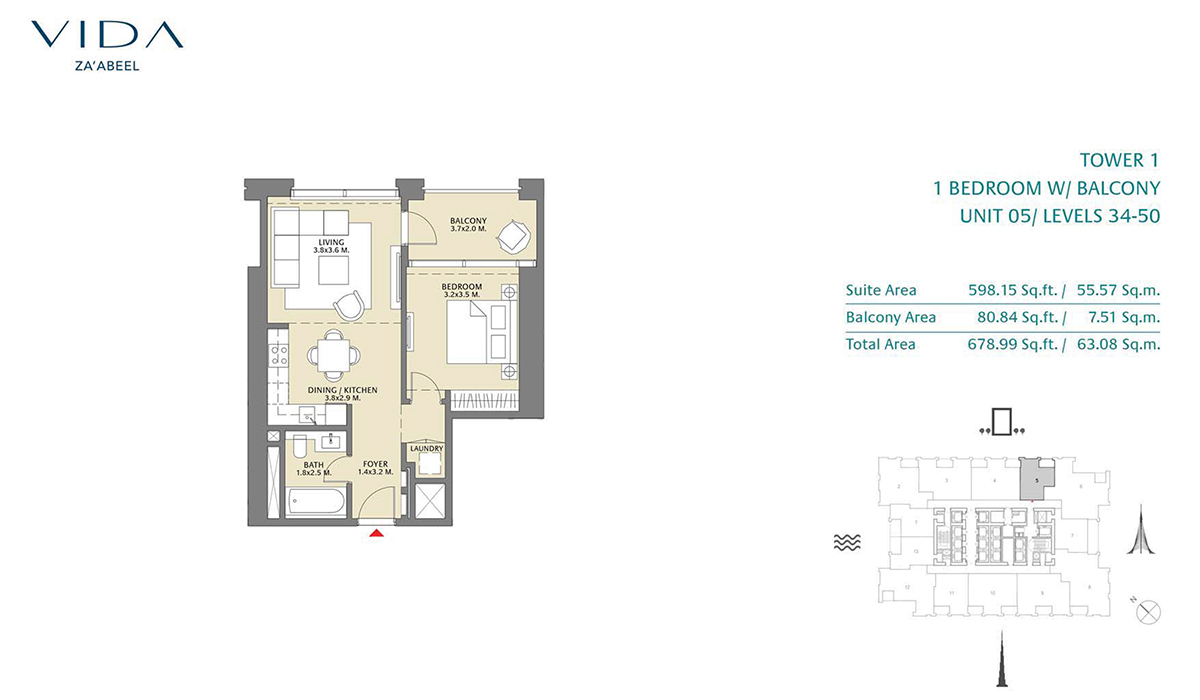 1 Bedroom Balcony Unit 05 Level 34-50 Size 678.99 sq.ft