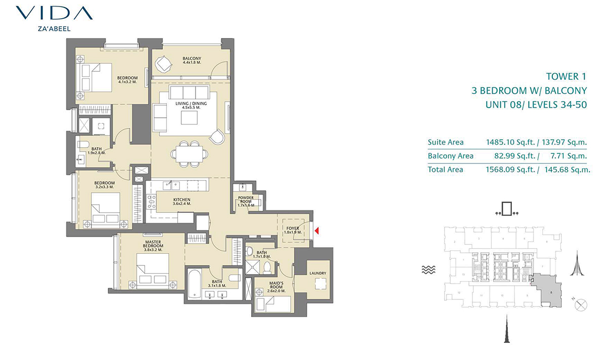 1 Bedroom Balcony Unit 08 Level 34-50 Size 1568.09 sq.ft