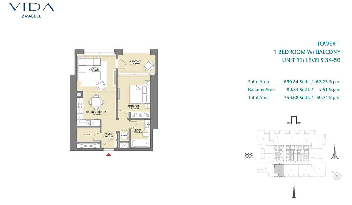 1 Bedroom Balcony Unit 11 Level 34-50 Size 750.68 sq.ft
