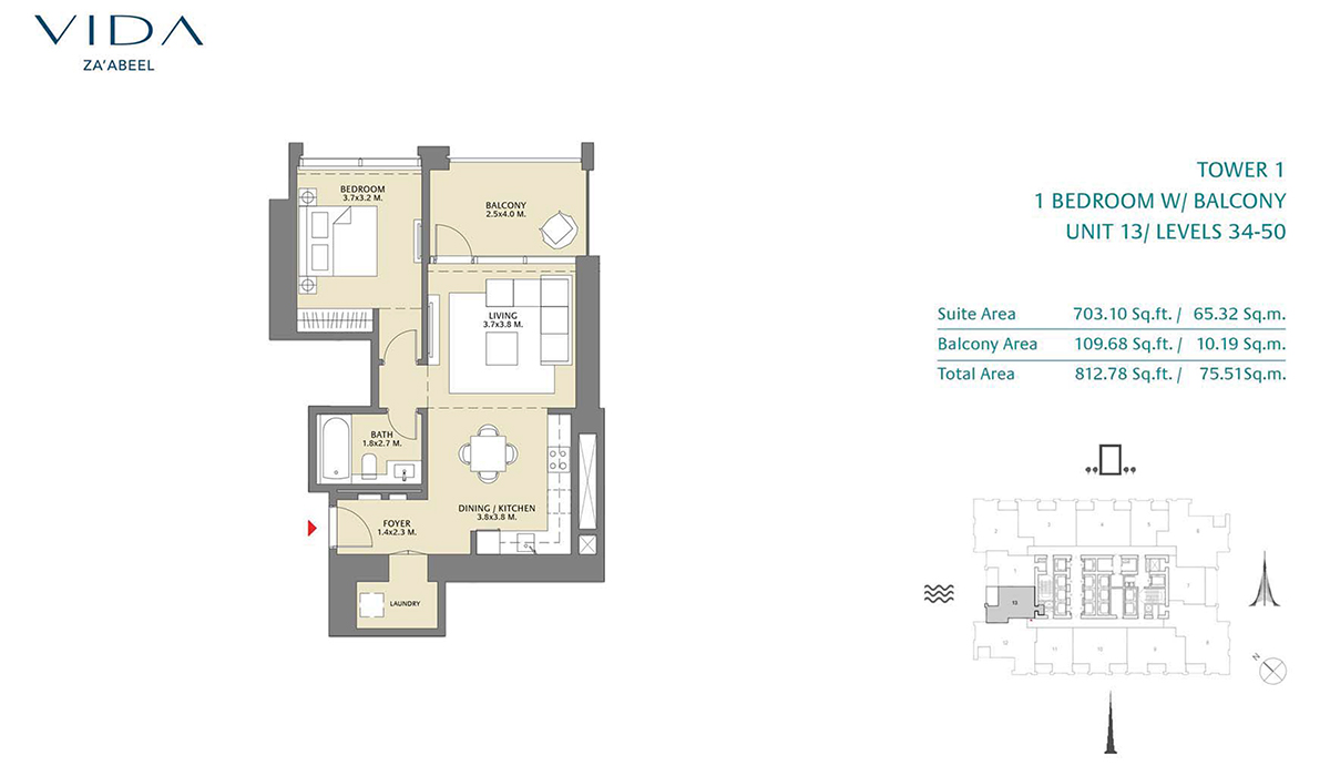 1 Bedroom Balcony Unit 13 Level 34-50 Size 812.78 sq.ft