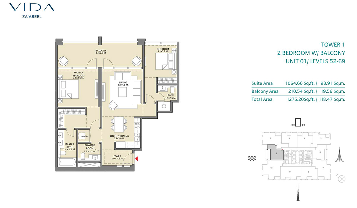 2 Bedroom Balcony Unit 01 Level 52-69 Size 1275.20 sq.ft