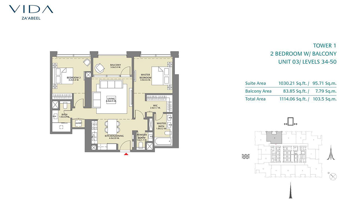 2 Bedroom Balcony Unit 03 Level 34-50 Size 1114.06 sq.ft