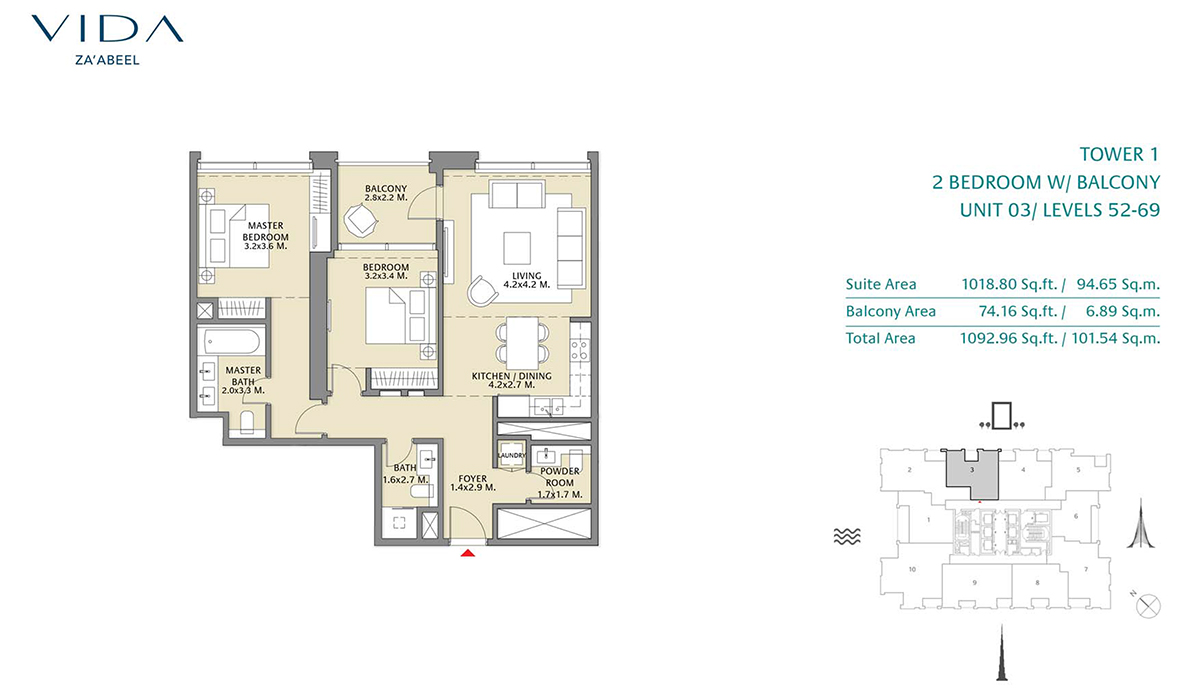 2 Bedroom Balcony Unit 03 Level 52-69 Size 1092.96 sq.ft