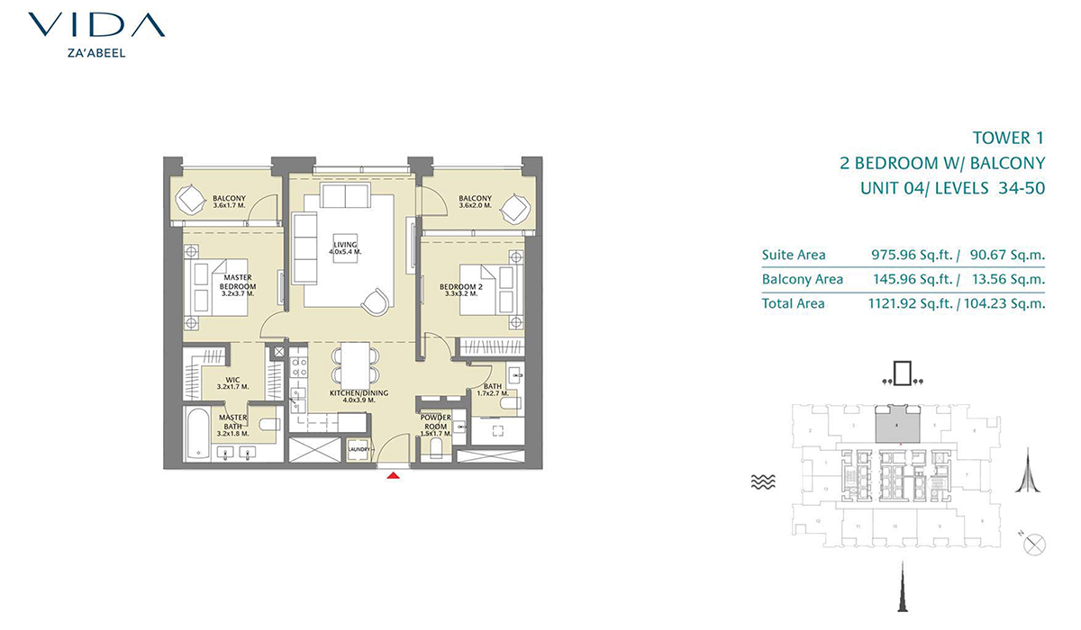2 Bedroom Balcony Unit 04 Level 34-50 Size 1121.92 sq.ft