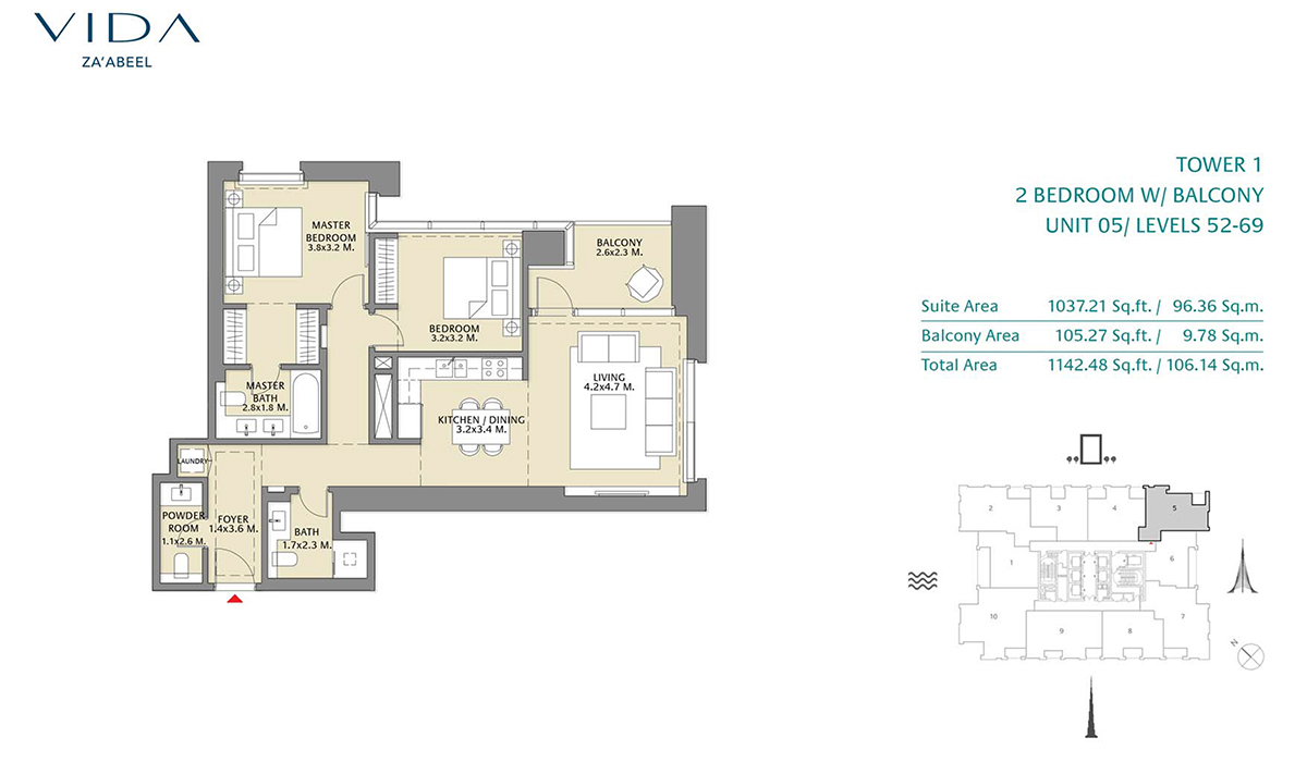 2 Bedroom Balcony Unit 05 Level 52-69 Size 1142.48 sq.ft