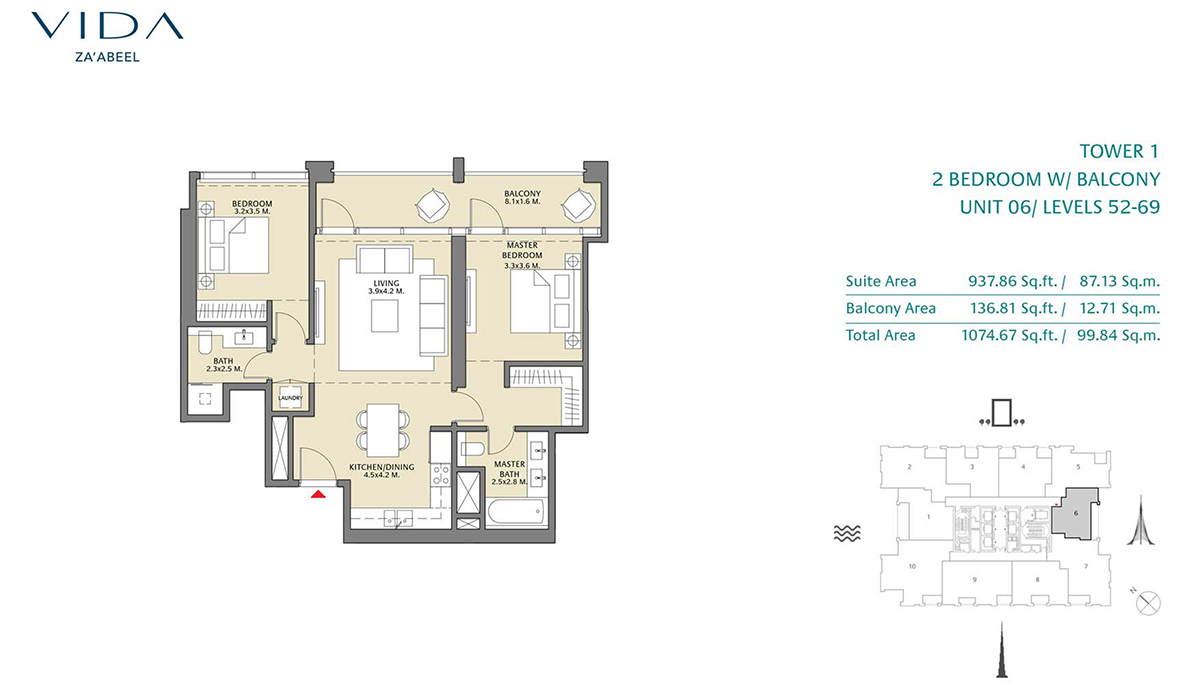 2 Bedroom Balcony Unit 06 Level 52-69 Size 1074.67 sq.ft