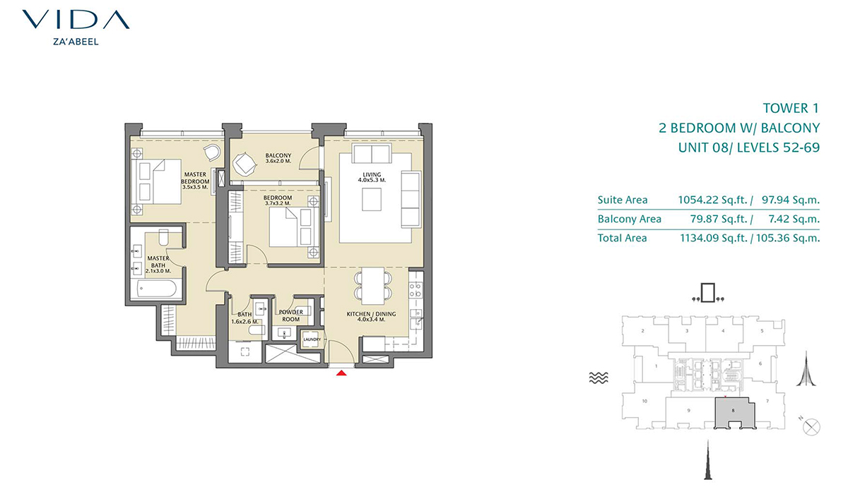 2 Bedroom Balcony Unit 08 Level 52-69 Size 1134.09 sq.ft
