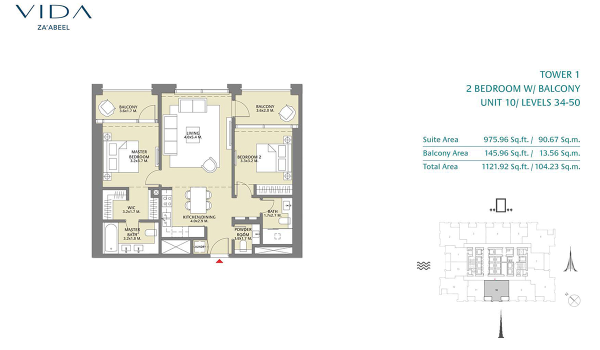 2 Bedroom Balcony Unit 09 Level 34-50 Size 1121.92 sq.ft