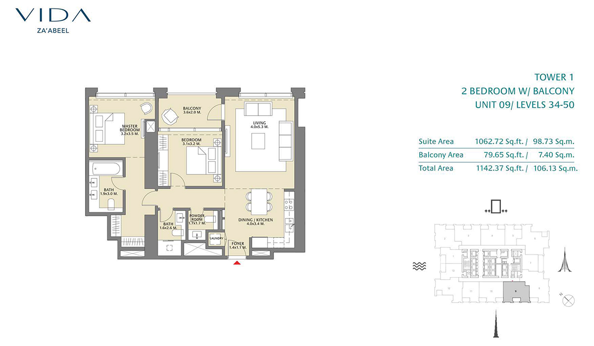 2 Bedroom Balcony Unit 09 Level 34-50 Size 1142.37 sq.ft