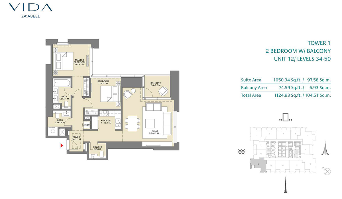 2 Bedroom Balcony Unit 12 Level 34-50 Size 1124.93 sq.ft