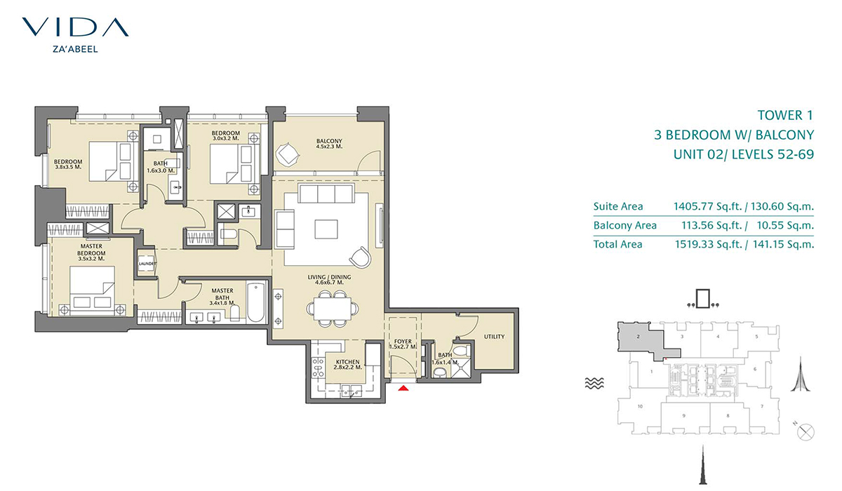 3 Bedroom Balcony Unit 02 Level 52-69 Size 1519.33 sq.ft