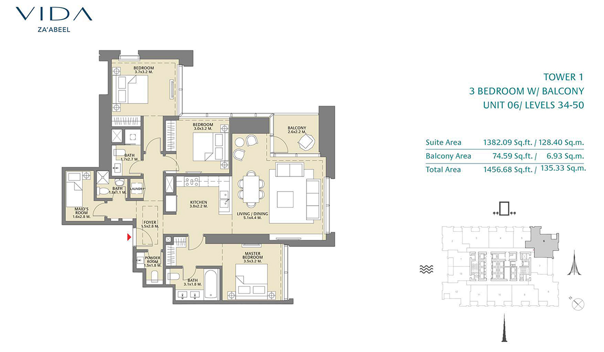 3 Bedroom Balcony Unit 06 Level 34-50 Size 1456.68 sq.ft