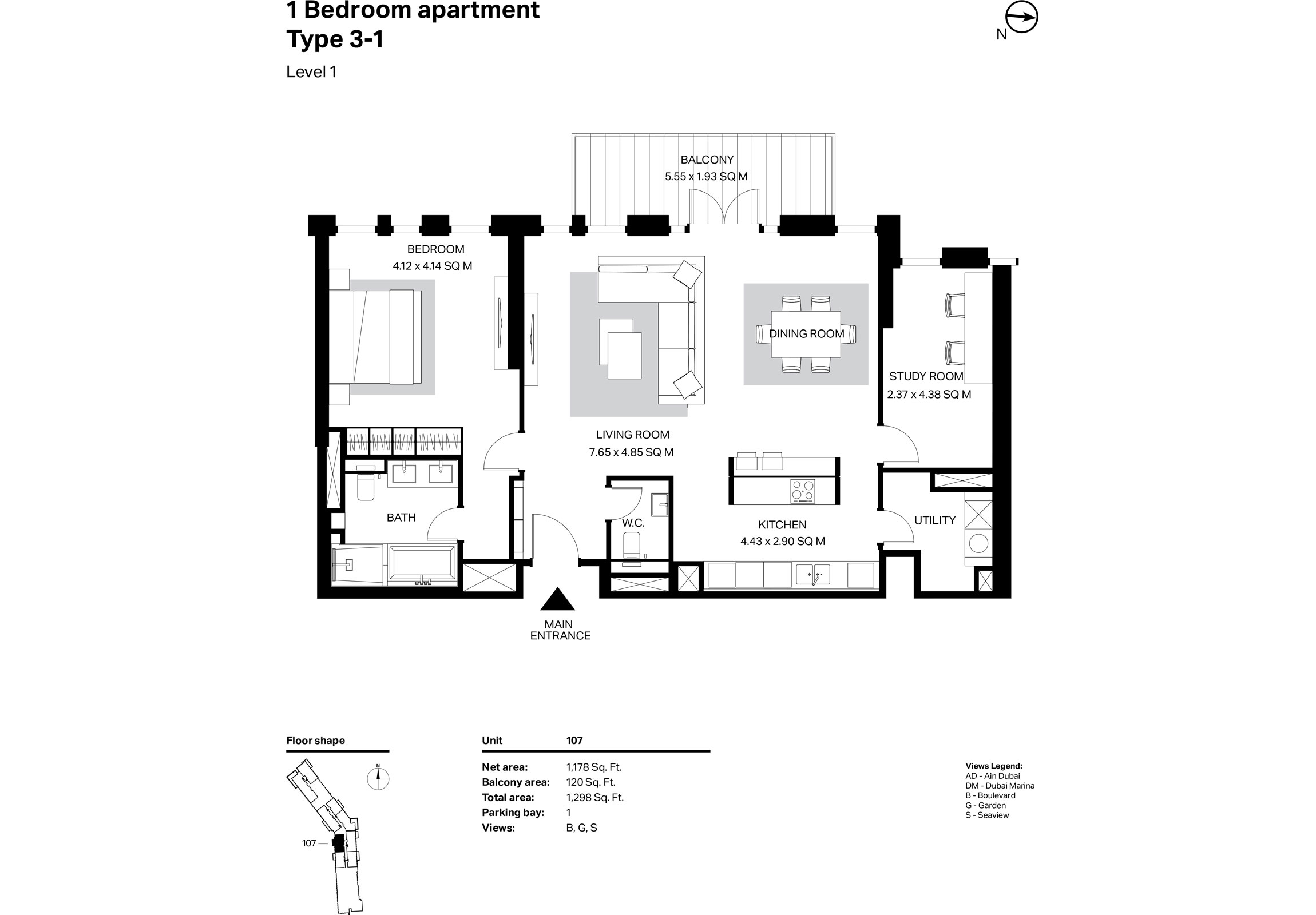 Building 2 - 1 Bedroom Type 3-1 Level 1 Size 1298 sq ft