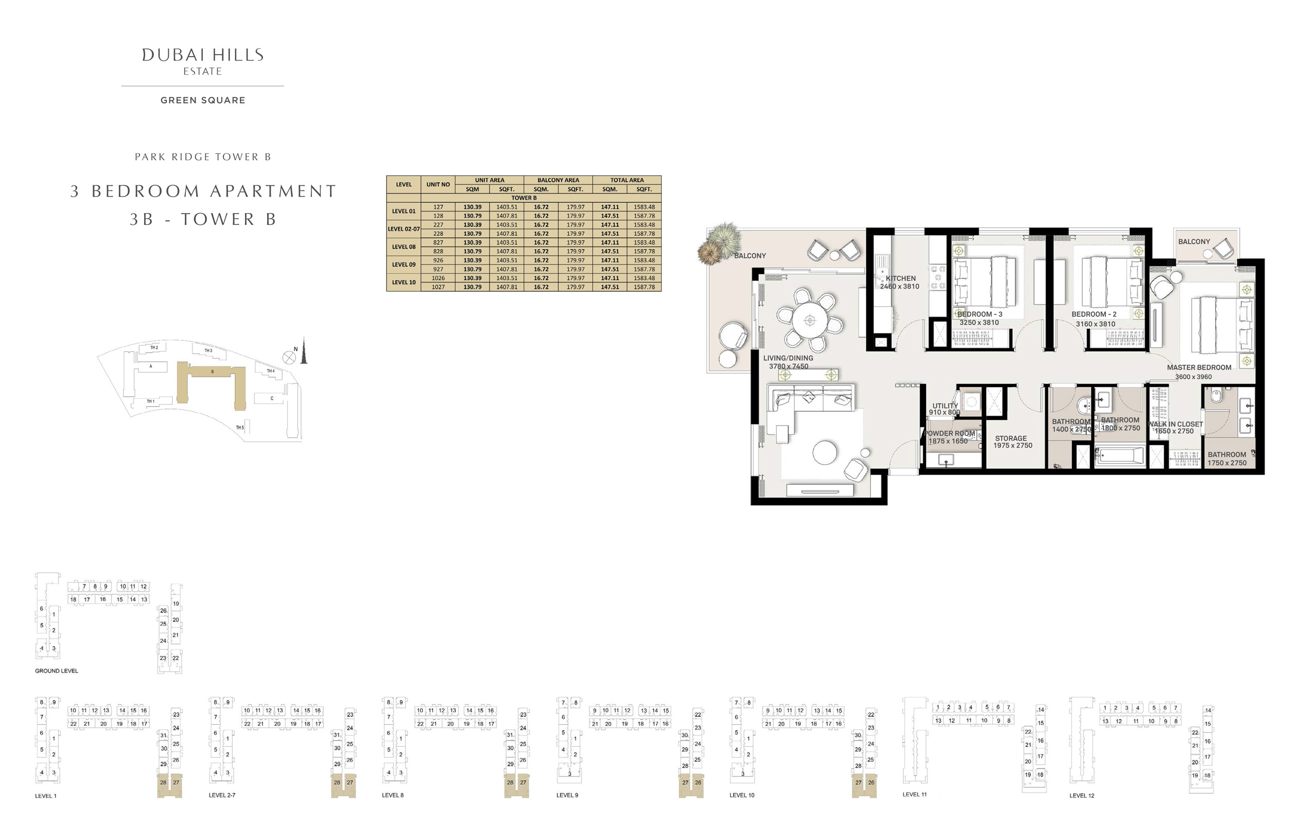 3 Bedroom Apartment 3 B - Tower B, Size 1583 sq ft
